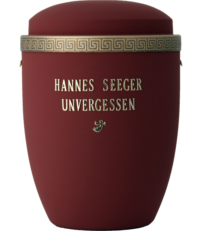 Dunkelrote Urne mit goldener Verzierung und Schriftzug