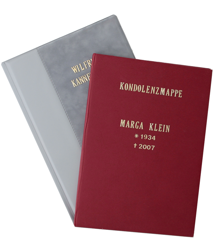 Kondolenzmappen in rot und grau mit goldenem Schriftzug